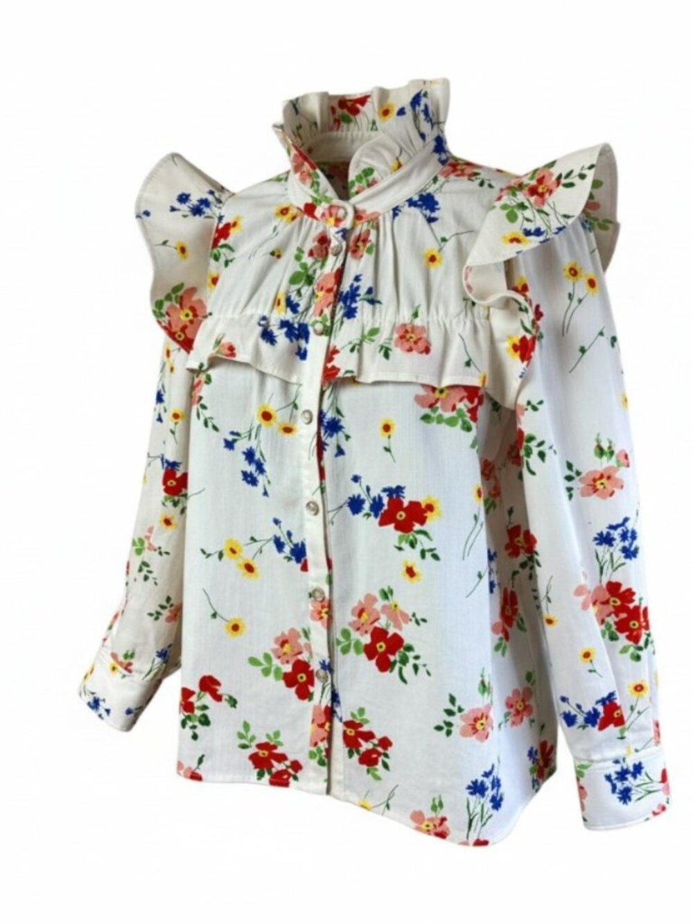 Tuckernuck Winnie Floral Cotton Ruffle Pearl Snap Button Blouse
